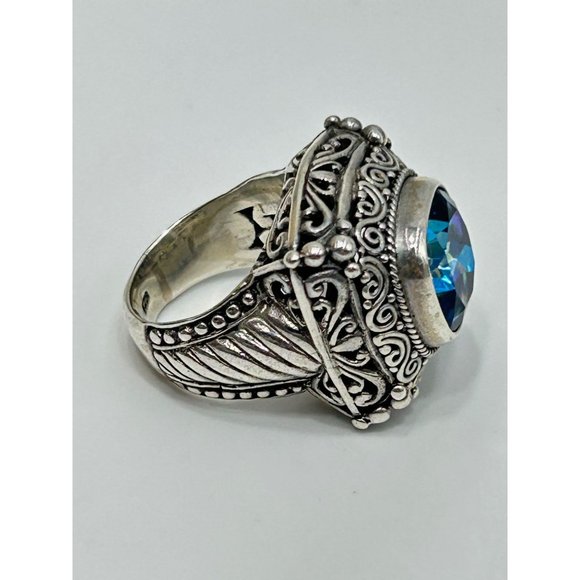 Mystic Blue Quartz Ring Size 5 Sterling Silver Ornate Raised Stone Silver 925 - Picture 5 of 10
